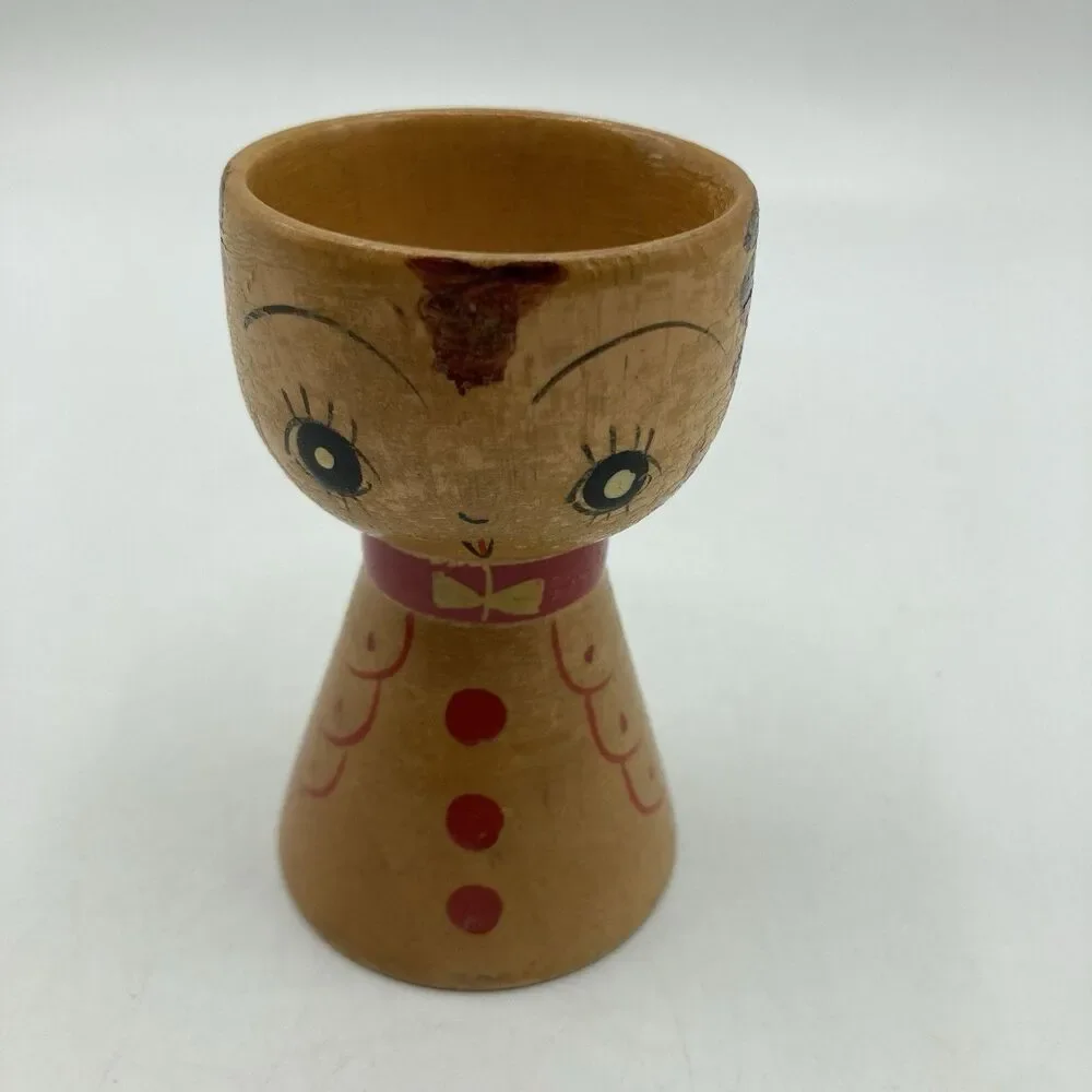 2 Vintage Wooden Japan Hand Painted Egg Cups His & Hers Mr & Mrs Folk Art Style